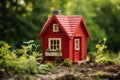 Quaint Small red wooden house in sun light. Generate Ai Royalty Free Stock Photo