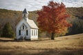 A quaint, small white church stands in serene beauty as a tree gracefully frames the scene, Quaint one-room schoolhouse in a