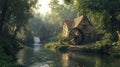 A quaint stone cottage with a water wheel sits beside a river, with a waterfall and a second cottage visible in the Royalty Free Stock Photo