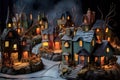 Quaint town straight out of a spooky storybook, with cobwebbed houses, fog, and curious characters