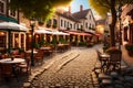 A quaint village square with cobblestone streets, old-fashioned street lamps,