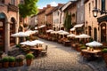 A quaint village square with cobblestone streets, old-fashioned street lamps,