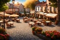 A quaint village square with cobblestone streets, old-fashioned street lamps,