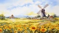 Quaint Watercolor Landscape: Sunflowers, Windmill, And Anime Art