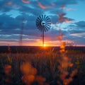 Quaint Windmill Silhouette in a Blurred Rural Sunset The blades blur into the sky Royalty Free Stock Photo