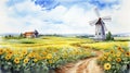 Quaint Windmill And Vibrant Sunflowers: Peaceful Watercolor Tundra