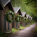 Quaint Wooden Cabins Adorned with Wreaths in Daylight