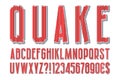 Quake modern stylized alphabet. Letters, numbers, dollar and euro currency signs, exclamation and question marks