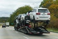 Quakertown, Pennsylvania, U.S - October 21, 2023 - A truck carrying cars and SUV moving on Route 81