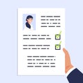 Qualification personal document. CV documentation. Man holding paper with photo and identification information. Manager