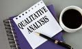 QUALITATIVE ANALYSIS - words on a white sheet with a cup of coffee Royalty Free Stock Photo