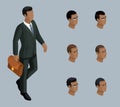 Qualitative Isometry, 3D businessman with a briefcase, a man of African American. Character, with a set of emotions and hairstyles