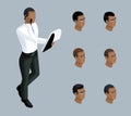 Qualitative Isometry, a 3D businessman speaks on the phone, a man is African-American. Character