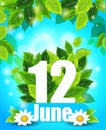 Quality background with green leaves. Spring poster June 12 with flowers and letter, pattern, design for printing.