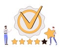 Quality badge with premium product certificate guarantee tiny person concept. Best symbol for