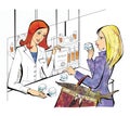 Quality certificate of cosmetic and pharmaceutical preparations. Women in the pharmacy