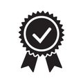 Quality check ribbon icon. Vector product certified or best choice recommended award and warranty check approved certificate mark