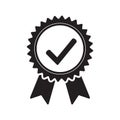 Quality check ribbon icon. Vector product certified or best choice recommended award and warranty check approved certificate mark