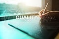 Quality control check box. Guarantee Assurance. Standards, ISO. Business and technology concept. Royalty Free Stock Photo