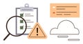 Data Management and Analysis Concept with Checklist, Alert Symbol, and Cloud Computing Elements Royalty Free Stock Photo