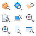 Quality control and inspection icon set featuring magnifying glass elements for analysis and verification Royalty Free Stock Photo