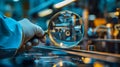 Quality control, Magnifying glass focused on a tiny defect in a manufacturing. Royalty Free Stock Photo
