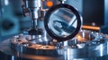 Quality control, Magnifying glass focused on a tiny defect in a manufacturing. Royalty Free Stock Photo