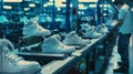 Quality control and packaging of white sneakers at a shoe manufacturing plant Royalty Free Stock Photo