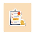 Quality control sticker illustration. Document, badge, checkmark, box, plant. Editable vector graphic design.