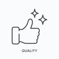 Quality flat line icon. Vector outline illustration of thumb up. Black thin linear pictogram for approve gesture