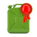 Quality Fuel Concept. Green Metal Fuel Jerrycan with Red Award Ribbon Rosette. 3d Rendering Royalty Free Stock Photo