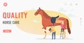 Quality Horse Care Landing Page Template. Stableman Characters Care of Horse Cleaning Skin and Hooves with Brush