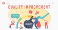 Quality Improvement Landing Page Template. Tiny Businessman Character Pull Huge Lever Arm to Increase Level