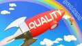 Quality lead to achieving success in business and life. Cartoon rocket labeled with text Quality, flying high in the blue sky to