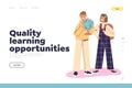 Quality learning opportunities concept of landing page with joyful pupils with backpacks and globe