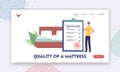 Quality of Mattress Landing Page Template. Man with Huge Certificate in Bedroom with Bed. Tiny Character Choose Mattress