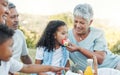 Quality over quantity. a senior woman feeding her grand daughter some watermelon at a picnic.