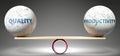 Quality and productivity in balance - pictured as balanced balls on scale that symbolize harmony and equity between Quality and