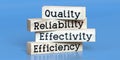 Quality, reliability, effectivity, efficiency - words on wooden blocks
