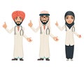 Quality treatment arab traditional national muslim clothes doctor pill medicine cartoon characters set design vector Royalty Free Stock Photo