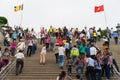 Quang Ninh, Vietnam - Mar 22, 2015: Crowded people visit Giac Tam zen monastery, Cau Bau pagoda in festive days