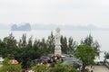 Quang Ninh, Vietnam - Mar 22, 2015: Wide view from Giac Tam zen monastery, Cai Bau pagoda: huge outdoor Bodhisattva statue staying