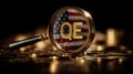 Quantitative easing magnifying glass on USA flag background. Royalty Free Stock Photo