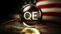 Quantitative easing magnifying glass on USA flag background. Royalty Free Stock Photo