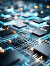 Quantum Computer Chips Illuminate a Futuristic Workspace With Vibrant Blue Lights in a High-Tech Environment Royalty Free Stock Photo