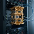 A quantum computer setup features a cylindrical, gold-colored cryostat with intricate Royalty Free Stock Photo
