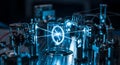 Quantum computing apparatus with blue laser light Royalty Free Stock Photo