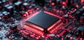 Quantum computing chip glowing with red lights on an intricate circuit board. Generative AI Royalty Free Stock Photo