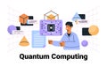 Quantum computing concept with person interacting with digital elements and geometric shapes on a grid background