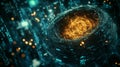 Quantum computing core creating energy and processing data, surrounded by digital binary code Royalty Free Stock Photo